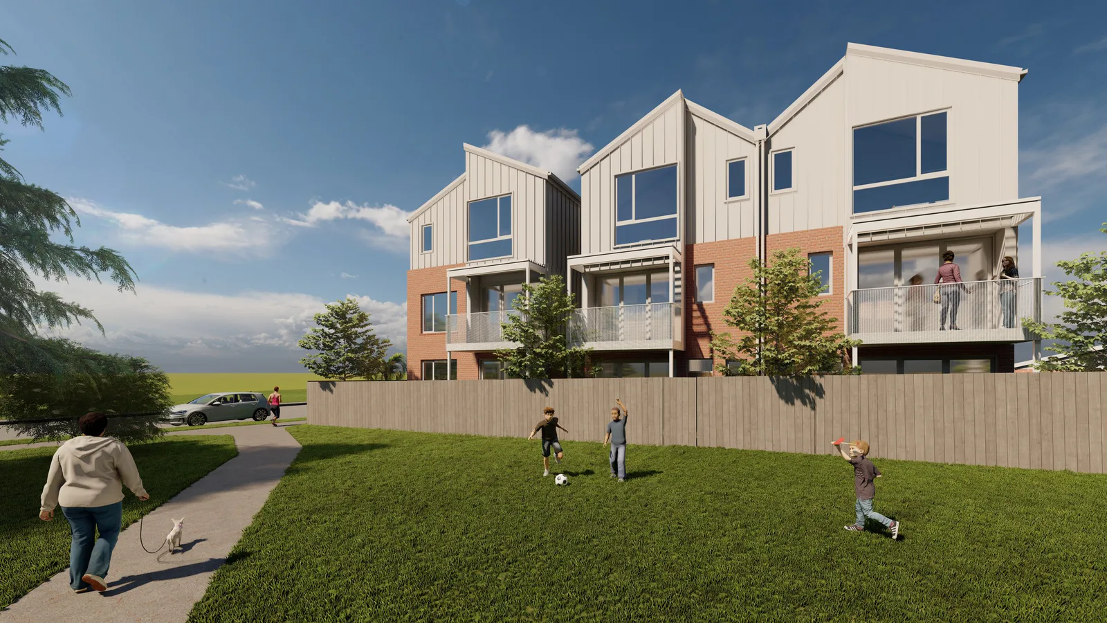 Architectural rendering of the Featherstone homes beside the park